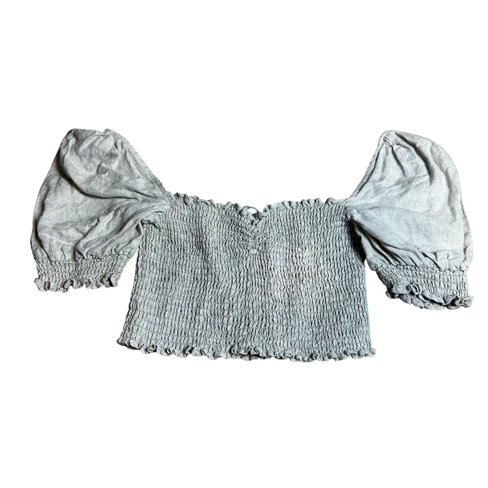 Reformation Smocked Linen Puff Sleeve Crop Top Blouse Summer